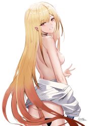 Rule 34 | 1girl, blonde hair, breasts, commentary request, cowboy shot, grin, heatia, highres, kitagawa marin, long hair, long sleeves, looking at viewer, medium breasts, pink eyes, shirt, simple background, smile, solo, sono bisque doll wa koi wo suru, standing, thighs, topless, v, very long hair, white background, white shirt
