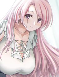 Rule 34 | 1girl, breasts, cleavage, closed mouth, earrings, female focus, highres, jewelry, kantai collection, large breasts, leaning forward, long hair, looking at viewer, luigi di savoia duca degli abruzzi (kancolle), pink hair, purple eyes, simple background, smile, solo, suke (share koube), upper body