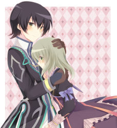 Rule 34 | 1boy, 1girl, black hair, black jacket, blush, bow, brown eyes, brown gloves, dress, elize lutus, gloves, green eyes, grey hair, hand on another&#039;s head, hug, jacket, jewelry, jude mathis, long sleeves, necklace, pink background, puffy sleeves, purple bow, purple dress, rento (rukeai), smile, tales of (series), tales of xillia, tales of xillia 2