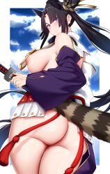 Rule 34 | 1girl, areola slip, arind yudha, ass, bare shoulders, black hair, blue eyes, blush, breasts, closed mouth, detached sleeves, fate/grand order, fate (series), from behind, hair ornament, highres, katana, large breasts, long hair, long sleeves, looking at viewer, looking back, no panties, outdoors, purple sleeves, side ponytail, smile, solo, sword, thighs, ushiwakamaru (fate), weapon