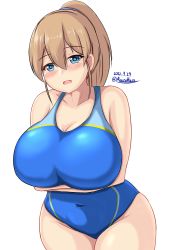 Rule 34 | 1girl, blue eyes, blue one-piece swimsuit, blush, breasts, brown hair, collarbone, covered navel, cowboy shot, crossed arms, dated, hair between eyes, highres, huge breasts, impossible clothes, intrepid (kancolle), kantai collection, large breasts, looking at viewer, montemasa, one-piece swimsuit, open mouth, ponytail, short hair, simple background, smile, solo, swimsuit, twitter username, white background