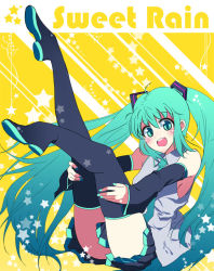 Rule 34 | 1girl, boots, detached sleeves, green eyes, green hair, hatsune miku, legs, legs up, long hair, matching hair/eyes, necktie, nickq, open mouth, sitting, skirt, solo, star (symbol), thigh boots, thighhighs, thighs, twintails, very long hair, vocaloid