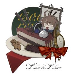 Rule 34 | 1boy, ahoge, black pants, blue jacket, brown hair, cake, cake slice, chibi, chibi only, chinese commentary, chocolate, commentary request, food, fur-trimmed jacket, fur trim, green eyes, hair between eyes, highres, isoi reiji, jacket, male focus, medium hair, no mouth, no nose, open clothes, open jacket, pants, pocket watch, red shirt, saibou shinkyoku, sanpaku, shirt, solo, translation request, watch, xian130043