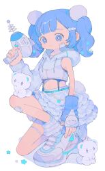 Rule 34 | 1girl, aqua belt, aqua trim, bandaid, bandaid on cheek, bandaid on face, belt chain, blue eyes, blue gloves, blue hair, blunt bangs, bright pupils, crop top, cross-laced footwear, dot nose, drawstring, elbow on knee, elbow rest, energy gun, fingerless gloves, frilled skirt, frills, full body, gloves, hair ornament, hairclip, hand up, high tops, highres, holding ray gun, hood, hood down, hoodie, knee up, kneeling, large shoes, light frown, long sleeves, medium hair, midriff, mole, mole under eye, navel, original, parted bangs, pepparmint310, pom pom (clothes), pom pom hair ornament, ray gun, shirt, shoes, short twintails, simple background, single glove, single sleeve, skirt, sneakers, split mouth, star (symbol), star hair ornament, stuffed animal, stuffed toy, teddy bear, thigh strap, three quarter view, twintails, two-tone gloves, wavy hair, weapon, white background, white footwear, white hoodie, white pupils, white shirt