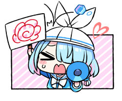 Rule 34 | &gt; &lt;, 1girl, arona (blue archive), blue archive, blue background, blue hair, blue shirt, blush stickers, braid, chan co, chibi, closed eyes, commentary, foreshortening, hair over one eye, halo, holding, holding megaphone, holding sign, long sleeves, looking at viewer, megaphone, multicolored hair, open mouth, pink hair, raised eyebrow, sailor collar, shirt, sign, solo, sweat, two-tone hair, upper body, wavy mouth, white headwear