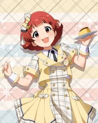 Rule 34 | 1girl, card (medium), food, future signature (idolmaster), idol clothes, idolmaster, idolmaster million live!, idolmaster million live! theater days, necktie, nonohara akane, official art, open mouth, plate, red eyes, red hair, solo, wrist cuffs