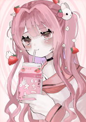 Rule 34 | &gt; &lt;, 1girl, absurdres, black choker, blunt bangs, blush, choker, commentary, drinking, drinking straw, drinking straw in mouth, flower, food, fruit, hair intakes, hair ornament, hanataro (sruvhqkehy1zied), hand up, highres, holding, holding carton, long hair, long sleeves, nail polish, original, partially translated, pink background, pink eyes, pink hair, pink nails, pink sailor collar, rabbit, rabbit hair ornament, sailor collar, school uniform, serafuku, sleeves past wrists, solo, strawberry, strawberry milk, translation request, twintails, two-tone background, upper body, white background, white flower, white serafuku