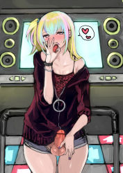 Rule 34 | 1boy, arcade game, blush, bracelet, censored, dance dance revolution, earrings, erection, eyelashes, fellatio gesture, hair ornament, halterneck, halterneck, hand to own mouth, heart, heart-shaped pupils, jacket, jewelry, long hair, male focus, multicolored hair, nail polish, open clothes, open mouth, open shorts, oral invitation, penis, penis grab, pointless censoring, ponytail, purple nails, puru, saliva, saliva trail, sexually suggestive, short shorts, shorts, side ponytail, solo focus, speech bubble, spoken heart, symbol-shaped pupils, tareme, testicle grab, testicles, tongue, tongue out, trap, unusual pupils, unzipped, urethra, veins, veiny penis