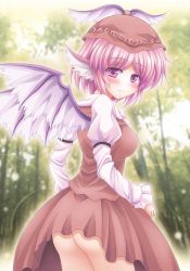 Rule 34 | 1girl, animal ears, ass, blush, breasts, female focus, forest, hat, mystia lorelei, nagana sayui, nature, outdoors, pink eyes, pink hair, plant, short hair, skirt, smile, solo, touhou, wings