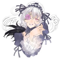 Rule 34 | 00s, dress, eyepatch, frills, grin, hairband, highres, long hair, moruga, own hands clasped, own hands together, purple eyes, rozen maiden, silver hair, simple background, smile, solo, suigintou, white background, wings