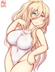 Rule 34 | 1girl, artist logo, blonde hair, blue eyes, breasts, collarbone, commentary request, cowboy shot, dated, hair between eyes, half-closed eyes, hand on own hip, highleg, highleg swimsuit, kanon (kurogane knights), kantai collection, large breasts, long hair, looking at viewer, mole, mole under eye, mole under mouth, one-hour drawing challenge, one-piece swimsuit, ponytail, richelieu (kancolle), simple background, solo, standing, swimsuit, thighs, white background, white one-piece swimsuit