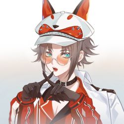 Rule 34 | 1boy, animal ears, arms up, black collar, black gloves, blue eyes, brown hair, coat, coat on shoulders, collar, collared shirt, commentary, eyelashes, fangs, fox ears, fox hat, glasses, gloves, hat, long sleeves, looking at viewer, male focus, mysta rias, mysta rias (1st costume), nijisanji, nijisanji en, open clothes, open coat, open collar, open mouth, orange-tinted eyewear, orange shirt, parted bangs, puffy long sleeves, puffy sleeves, round eyewear, round teeth, shirt, short hair, sidelocks, solo, spikes, striped clothes, striped shirt, teeth, tinted eyewear, upper body, virtual youtuber, white background, white coat, white hat, x fingers, yee (yee45913139)