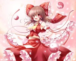 Rule 34 | 1girl, ascot, bare shoulders, bow, brown hair, commentary request, detached sleeves, frilled bow, frilled skirt, frilled sleeves, frills, gohei, hair bow, hair tubes, hakurei reimu, long hair, long sleeves, midriff, navel, open mouth, osashin (osada), petals, red eyes, shirt, skirt, skirt set, smile, solo, touhou, wide sleeves, yin yang