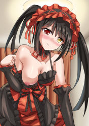 Rule 34 | 1girl, arm support, blush, breasts, brown hair, choker, cleavage, clock eyes, date a live, detached sleeves, hanging breasts, heterochromia, highres, lace, lace choker, long hair, medium breasts, nipples, no bra, one breast out, red eyes, selfie, smile, solo, symbol-shaped pupils, tokisaki kurumi, twintails, yasuu (ezuw3737)