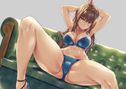 Rule 34 | 1girl, ankle ribbon, aozaki aoko, armpits, arms behind head, arms up, bdsm, blue bra, blue eyes, blue panties, blue sky, blush, bondage, bound, bound wrists, bow, bow bra, bra, breasts, brown hair, cleavage, commission, couch, covered erect nipples, dutch angle, fat mons, hair intakes, high heels, large breasts, leg ribbon, long hair, looking at viewer, mahou tsukai no yoru, navel, panties, pixiv commission, ribbon, rope, sajittari, sky, solo, spread legs, thick thighs, thighs, underwear, underwear only
