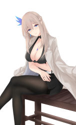 Rule 34 | 1girl, absurdres, belt, black pantyhose, black shirt, black skirt, blue eyes, braid, breasts, coat, coat on shoulders, crossed legs, earrings, feather hair ornament, french braid, hair ornament, highres, hiroshi (2443303124), jewelry, large breasts, lexington (warship girls r), long hair, long sleeves, looking at viewer, miniskirt, necklace, open clothes, open coat, pantyhose, pencil skirt, platinum blonde hair, ring, shirt, sitting, skirt, solo, thighband pantyhose, very long hair, warship girls r, wedding band, white belt, white coat