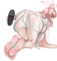 Rule 34 | 1girl, ass, barefoot, blue archive, blush, feet, hanako (blue archive), hanako (swimsuit) (blue archive), holding, holding shoes, kukoi, long hair, looking at viewer, looking back, pink hair, sandals, shoes, unworn shoes, single shoe, smile, soles, toes, yellow eyes