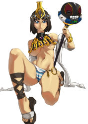 Rule 34 | 1girl, ancient princess menace, black hair, blue eyes, bracelet, breasts, cameltoe, crown, egyptian, hobby japan, jewelry, large breasts, lipe-san, lots of jewelry, menace (queen&#039;s blade), menace (queen's blade), panties, queen&#039;s blade, queen&#039;s blade lost worlds, sandals, short hair, solo, staff, striped clothes, striped panties, underboob, underwear, white background
