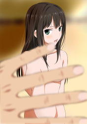 Rule 34 | 10s, 1girl, arms behind back, blurry, blush, breasts, brown hair, convenient censoring, depth of field, green eyes, idolmaster, idolmaster cinderella girls, long hair, looking at viewer, nude, open mouth, pov, shibuya rin, solo focus, standing, yuu (1007yu)