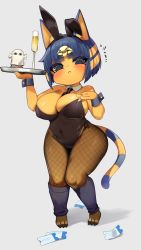 Rule 34 | 1girl, absurdres, alcohol, animal crossing, animal ears, ankha (animal crossing), bare shoulders, black eyes, blue hair, breasts, champagne flute, cleavage, colored skin, commentary request, cup, drinking glass, fishnet pantyhose, fishnets, full body, grey background, highres, jovejun, large breasts, leotard, looking at viewer, nintendo, pantyhose, playboy bunny, simple background, tail, yellow skin