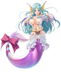 Rule 34 | 10s, 1girl, adjusting hair, aqua eyes, aqua hair, armpits, bare shoulders, belt, blush, bow, breasts, breasts apart, center opening, cleavage, clothing cutout, collarbone, covered erect nipples, dress, drill hair, fins, fish tail, full body, groin, head fins, kyonyuu fantasy, kyonyuu fantasy 2, large breasts, light smile, long hair, long sleeves, looking at viewer, mermaid, midriff, mizoro tadashi, monster girl, no bra, no panties, off shoulder, official art, parted bangs, ribbon, roreria (kyonyuu fantasy 2), see-through, side cutout, sidelocks, simple background, smile, solo, tail, tail bow, tail ornament, tail ribbon, twin drills, two side up, very long hair, white background, white dress, wide sleeves