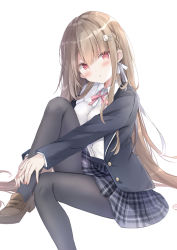 Rule 34 | 1girl, black jacket, black pantyhose, blazer, blue skirt, blush, breasts, brown footwear, brown hair, collared shirt, commentary request, copyright request, cover, cover page, dress shirt, hair between eyes, hair ornament, hairclip, head tilt, jacket, knee up, loafers, long hair, long sleeves, looking at viewer, medium breasts, neck ribbon, official art, open clothes, open jacket, outstretched arms, pantyhose, parted lips, pink ribbon, plaid, plaid skirt, pleated skirt, red eyes, ribbon, saeki sora, shirt, shoes, sitting, skirt, solo, very long hair, white shirt