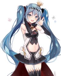 Rule 34 | 1girl, bad id, bad pixiv id, black skirt, black thighhighs, blue eyes, blue hair, breasts, cape, cowboy shot, crown, detached sleeves, floating hair, hair between eyes, hand in own hair, hatsune miku, highres, long hair, looking at viewer, medium breasts, midriff, mini crown, miniskirt, navel, pleated skirt, racing miku, red cape, simple background, skirt, solo, standing, stomach, thighhighs, twintails, very long hair, vocaloid, white background