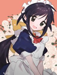 Rule 34 | 1girl, andou mahoro, apron, artist name, black hair, blue dress, bow, brooch, dress, flower, green eyes, hair bow, highres, jewelry, long hair, mahoromatic, maid headdress, open mouth, ponytail, puffy short sleeves, puffy sleeves, rose, short sleeves, smile, sobamushi mo, solo, upper body, yellow bow