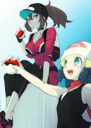 Rule 34 | 2girls, arm up, backpack, bag, bare shoulders, baseball cap, beanie, black gloves, black hat, black shirt, blue background, blue eyes, blue hair, blush, breasts, brown hair, chorimokki, cleavage, closed mouth, collarbone, creatures (company), dawn (pokemon), eye contact, female focus, female protagonist (pokemon go), fingerless gloves, flat chest, game freak, gloves, gradient background, hair ornament, hairclip, hand up, happy, hat, holding, holding poke ball, large breasts, leggings, looking at another, looking down, looking up, multiple girls, nintendo, open mouth, outstretched arm, pink eyes, poke ball, poke ball (basic), poke ball theme, pokemon, pokemon dppt, pokemon go, ponytail, red footwear, red scarf, red shirt, red shorts, scarf, shirt, shoes, short shorts, shorts, simple background, sitting, sleeveless, sleeveless shirt, smile, standing, upper body, white hat