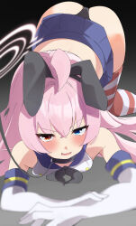 1girl absurdres ahoge black_neckerchief black_panties blue_archive blue_eyes blush collar cosplay elbow_gloves gloves halo heterochromia highleg highleg_panties highres horizontal-striped_thighhighs hoshino_(blue_archive) kantai_collection leash long_hair microskirt neckerchief open_mouth panties pink_hair sakanoue_kazunoko shimakaze_(kancolle) shimakaze_(kancolle)_(cosplay) skirt striped_clothes striped_thighhighs thighhighs underwear white_gloves yellow_eyes