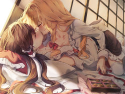 Rule 34 | 2girls, apron, ascot, blonde hair, blush, bow, braid, breast press, breasts, brown hair, chocolate, cleavage, closed eyes, collarbone, commentary request, detached sleeves, french kiss, girl on top, hair bow, hair tubes, hakurei reimu, indoors, japanese clothes, kirisame marisa, kiss, large bow, lying, medium breasts, miko, multiple girls, on back, open mouth, pillow, piyokichi, red bow, ribbon-trimmed sleeves, ribbon trim, single braid, thighhighs, tongue, tongue out, touhou, valentine, white apron, white legwear, wide sleeves, yuri