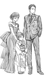 Rule 34 | 1boy, 2girls, black hair, breasts, chrome dokuro, cleavage, dress, eyepatch, formal, full body, greyscale, if they mated, katekyo hitman reborn!, monochrome, mother and daughter, multiple girls, rokudou mukuro, runesque, short hair, suit