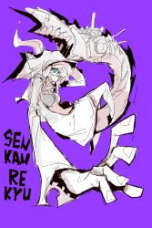 Rule 34 | 10s, 1girl, abyssal ship, aqua eyes, character name, grin, hand on own head, hood, jacket, kantai collection, oshaka (haguki), outstretched arm, partially colored, perspective, purple background, re-class battleship, simple background, smile, solo, symbol-shaped pupils, tail, teeth, twitter username