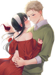 Rule 34 | 1boy, 1girl, alcohol, ass, back cutout, bandeau, bare shoulders, black hair, black nails, blush, breasts, clothing cutout, commentary request, cup, dress, drinking glass, eye contact, green sweater, grey eyes, grey hair, hairband, highres, holding, holding cup, large breasts, long sleeves, looking at another, nail polish, off-shoulder dress, off shoulder, parted lips, profile, red dress, shirt, short hair with long locks, simple background, spy x family, sweater, toujou masateru, twilight (spy x family), white background, white hairband, white shirt, wine, wine glass, yor briar