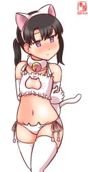 Rule 34 | 1girl, alternate costume, artist logo, bell, black hair, blush, bra, cat cutout, cat ear panties, cat lingerie, cleavage cutout, clothing cutout, commentary request, cowboy shot, dated, embarrassed, flat chest, frilled bra, frills, jingle bell, kanon (kurogane knights), kantai collection, lingerie, looking at viewer, meme attire, neck bell, nose blush, one-hour drawing challenge, panties, purple eyes, short hair, shounan (kancolle), side-tie panties, simple background, solo, thighhighs, twintails, underwear, underwear only, white background, white bra, white panties, white thighhighs