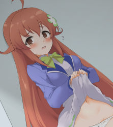 Rule 34 | 1girl, ahoge, amamiya mimori, blue jacket, blush, bow, breasts, brown eyes, brown hair, clothes lift, commentary request, dress, dress lift, flower, flying sweatdrops, green bow, hair between eyes, hair flower, hair ornament, highres, jacket, lifting own clothes, long hair, medium breasts, momio, navel, open clothes, open jacket, open mouth, panties, shadowverse (anime), solo, sweat, underwear, very long hair, white dress, white flower, white panties