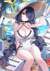 Rule 34 | 1girl, absurdres, beach, black choker, black hair, blue archive, bottle, breasts, cafeiner, chair, choker, cleavage, covered navel, cross, cross earrings, earrings, food, hair over one eye, hat, highres, hinata (blue archive), hinata (swimsuit) (blue archive), ice bucket, ice cream, ice cream float, jewelry, large breasts, long hair, lounge chair, ocean, one-piece swimsuit, red eyes, seashell, shell, signature, sitting, smile, sun hat, swimsuit, white one-piece swimsuit