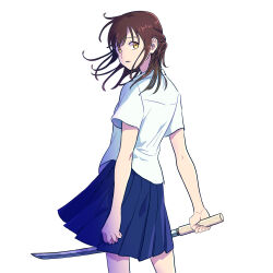 Rule 34 | 1girl, brown eyes, brown hair, collared shirt, commentary request, from behind, highres, holding, holding sword, holding weapon, looking back, medium skirt, original, pleated skirt, school uniform, shirt, skirt, solo, sword, untucked shirt, weapon, white shirt, yonchi
