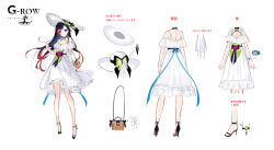 1girl :d aqua_ribbon asymmetrical_bangs black_ribbon blue_eyes blue_hair breasts camera character_sheet cleavage cloud dress feet_out_of_frame from_behind green_ribbon hat highres holding holding_camera island long_hair looking_at_viewer ocean official_alternate_costume official_art open_mouth outdoors outstretched_arm phantom_of_the_kill photo_(object) red_eyes red_hair ribbon risanautr shibuhiko sky smile standing straight-on thighs white_background white_dress white_hat