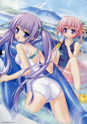 Rule 34 | 2girls, ass, blue eyes, goma satoshi, long hair, pink hair, purple eyes, purple hair, ribbon, school swimsuit, short hair, swimsuit, twintails, very long hair, water, absurdres, highres, multiple girls, one-piece swimsuit