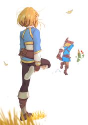 Rule 34 | 1boy, 1girl, absurdres, arm up, blonde hair, blue shirt, boots, braid, brown footwear, brown pants, commentary, feet, from behind, ghhoward, gold trim, grass, highres, link, looking at another, medium hair, messy, nintendo, no shoes, pants, princess zelda, ribbed socks, running, shirt, single boot, sketch, socks, soles, standing, standing on one leg, sword, the legend of zelda, the legend of zelda: tears of the kingdom, toes, weapon, white background, white socks
