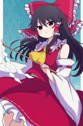 Rule 34 | 1girl, ascot, black hair, bow, collared shirt, detached sleeves, frilled bow, frilled hair tubes, frilled shirt collar, frills, hair bow, hair tubes, hakurei reimu, highres, long hair, red bow, red eyes, red shirt, red skirt, rei (tonbo0430), revision, ribbon-trimmed sleeves, ribbon trim, sarashi, shirt, skirt, skirt set, sleeveless, sleeveless shirt, solo, touhou, white sleeves, wide sleeves, yellow ascot