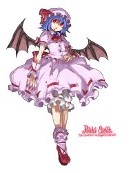 Rule 34 | 1girl, bat wings, blood, blue hair, character name, duplicate, fang, female focus, full body, hat, highres, oso (toolate), puffy short sleeves, puffy sleeves, red eyes, remilia scarlet, shoes, short hair, short sleeves, simple background, skirt, skirt set, socks, solo, standing, touhou, white background, wings