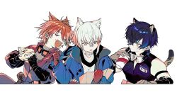 Rule 34 | 3boys, animal ears, aosta (arknights), arknights, bare shoulders, black gloves, blue hair, blue jacket, blue shirt, broca (arknights), brown gloves, burger, cat boy, cat ears, chiave (arknights), closed eyes, cropped torso, drink, drinking, eating, fang, feeding, fingerless gloves, food, french fries, gloves, goggles, goggles around neck, holding, holding drink, holding food, holding map, ieiieiiei, jacket, leopard boy, leopard tail, looking down, map, multiple boys, open mouth, reading, red eyes, red hair, red jacket, shirt, short hair, simple background, skin fang, tail, upper body, white background, white hair, white shirt