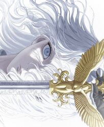 Rule 34 | 1boy, berserk, closed mouth, grey eyes, griffith (berserk), hair over one eye, hand up, highres, holding, holding sword, holding weapon, long hair, looking at viewer, male focus, portrait, sala46005948, sideways, solo, sword, weapon, white background, white hair