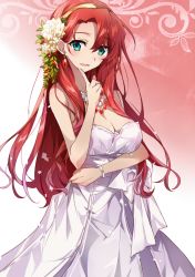 Rule 34 | 1girl, aqua eyes, boudica (fate), boudica (formal dress) (fate), breasts, cleavage, dress, fate/grand order, fate (series), flower, hair flower, hair ornament, hairband, jewelry, large breasts, long hair, necklace, red hair, strapless, strapless dress, tsuezu, wedding dress