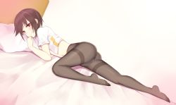 Rule 34 | 1girl, :q, absurdres, ass, ayanami (warship girls r), black pantyhose, blouse, blush, brown hair, closed mouth, come hither, dutch angle, ero mang-a, from side, highres, licking lips, looking at viewer, lying, navel, on bed, on stomach, open clothes, open shirt, pantyhose, pillow, red eyes, shirt, short hair, sidelocks, smile, solo, thighband pantyhose, thighs, tongue, tongue out, warship girls r, white shirt