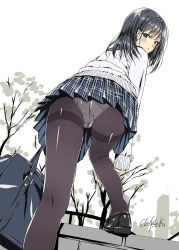 Rule 34 | 1girl, :o, ass, bad id, bad pixiv id, black footwear, black hair, black pantyhose, blue skirt, blush, brown eyes, commentary request, crotch seam, dated, from behind, hair ornament, hairclip, highres, kobayashi chisato, loafers, long hair, looking at viewer, looking back, miniskirt, original, panties, pantyhose, parted lips, plaid, plaid skirt, pleated skirt, sailor collar, school uniform, shirt, shoes, signature, skirt, solo, thighband pantyhose, underwear, white panties, white shirt