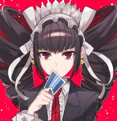 Rule 34 | 1girl, black hair, black jacket, bonnet, card, celestia ludenberg, claw ring, closed mouth, commentary request, danganronpa: trigger happy havoc, danganronpa (series), drill hair, earrings, facing viewer, frilled sleeves, frills, gothic lolita, hand up, highres, holding, holding card, jacket, jewelry, lolita fashion, long hair, long sleeves, looking at viewer, necktie, portrait, red background, red eyes, red necktie, rin (yukameiko), simple background, solo, twin drills