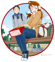 Rule 34 | 1boy, 1girl, bag, bench, bird, black footwear, black hair, blue eyes, blue pants, blue scarf, blue sky, blush, bow, breath, brown hair, circle, cloud, cloudy sky, commentary request, dated, day, gloves, highres, jupachi18, leaf, letter, long hair, long sleeves, open mouth, original, outdoors, outside border, pants, plaid, plaid scarf, scarf, shadow, shoes, short hair, sitting, sky, tree, twitter username, white footwear, yellow bow
